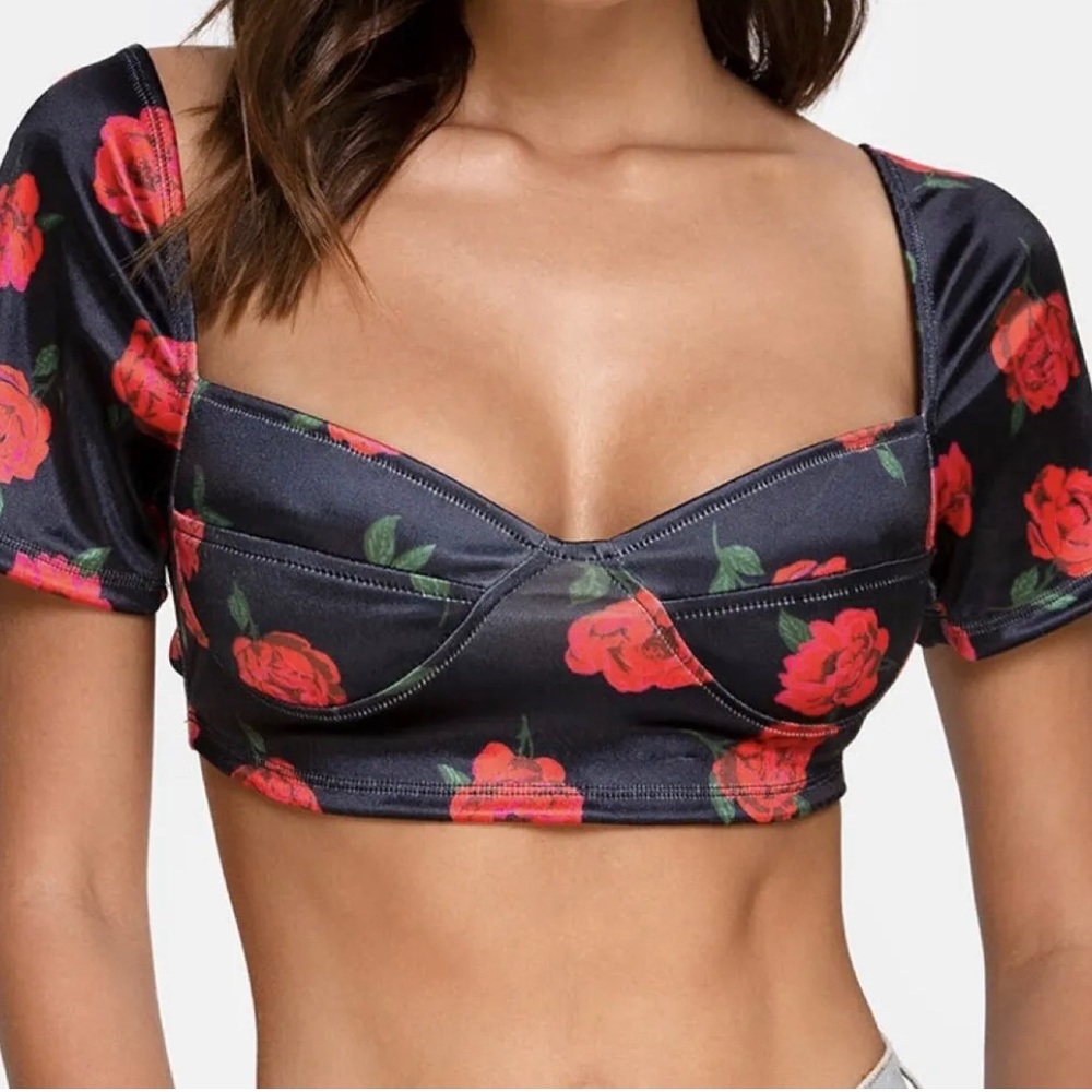 MOTEL ROCKS Yoona Crop Top Black Floral Satin Stretch Rose Size Small UK 10 - Picture 1 of 9